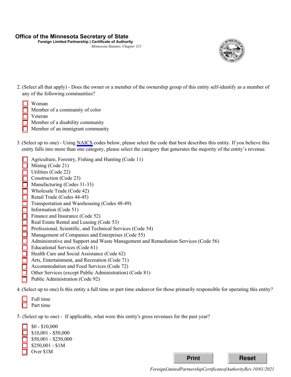 Foreign Limited Partnership Certificate of Authority - Minnesota, Page 3