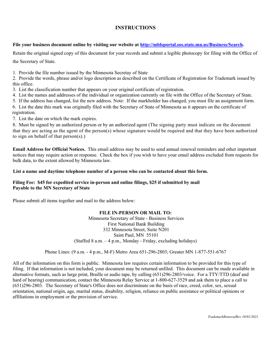 Renewal of Trademark, Service Mark, Certification Mark or Collective Mark - Minnesota, Page 2