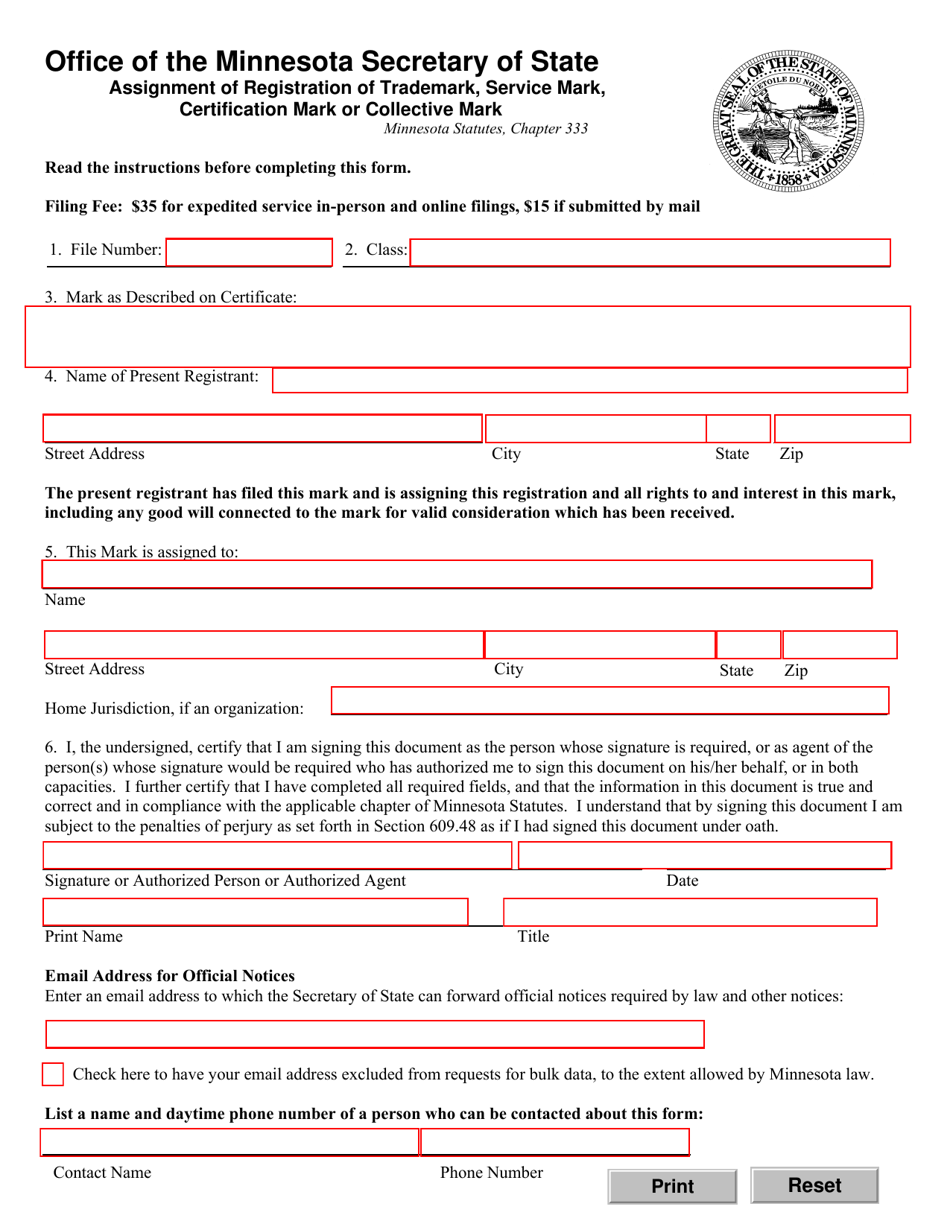 Assignment of Registration of Trademark, Service Mark, Certification Mark or Collective Mark - Minnesota, Page 1