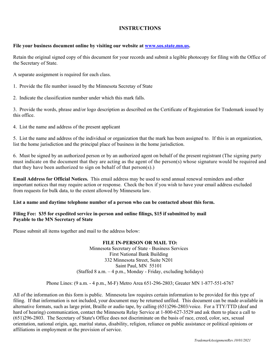 Assignment of Registration of Trademark, Service Mark, Certification Mark or Collective Mark - Minnesota, Page 2