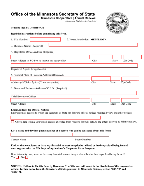 Minnesota Cooperative Annual Renewal - Minnesota Download Pdf