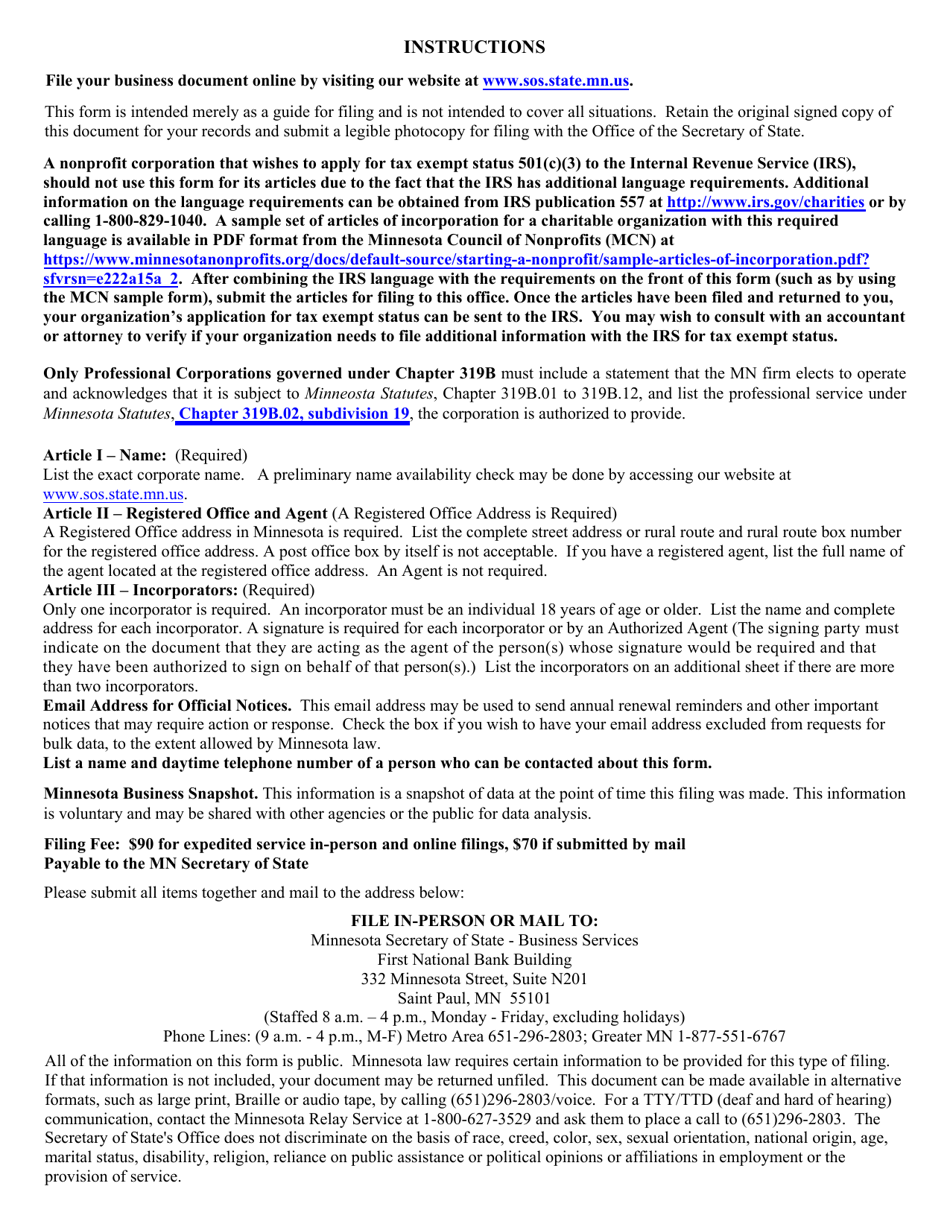 Minnesota Nonprofit Corporation Articles of Incorporation - Minnesota, Page 4