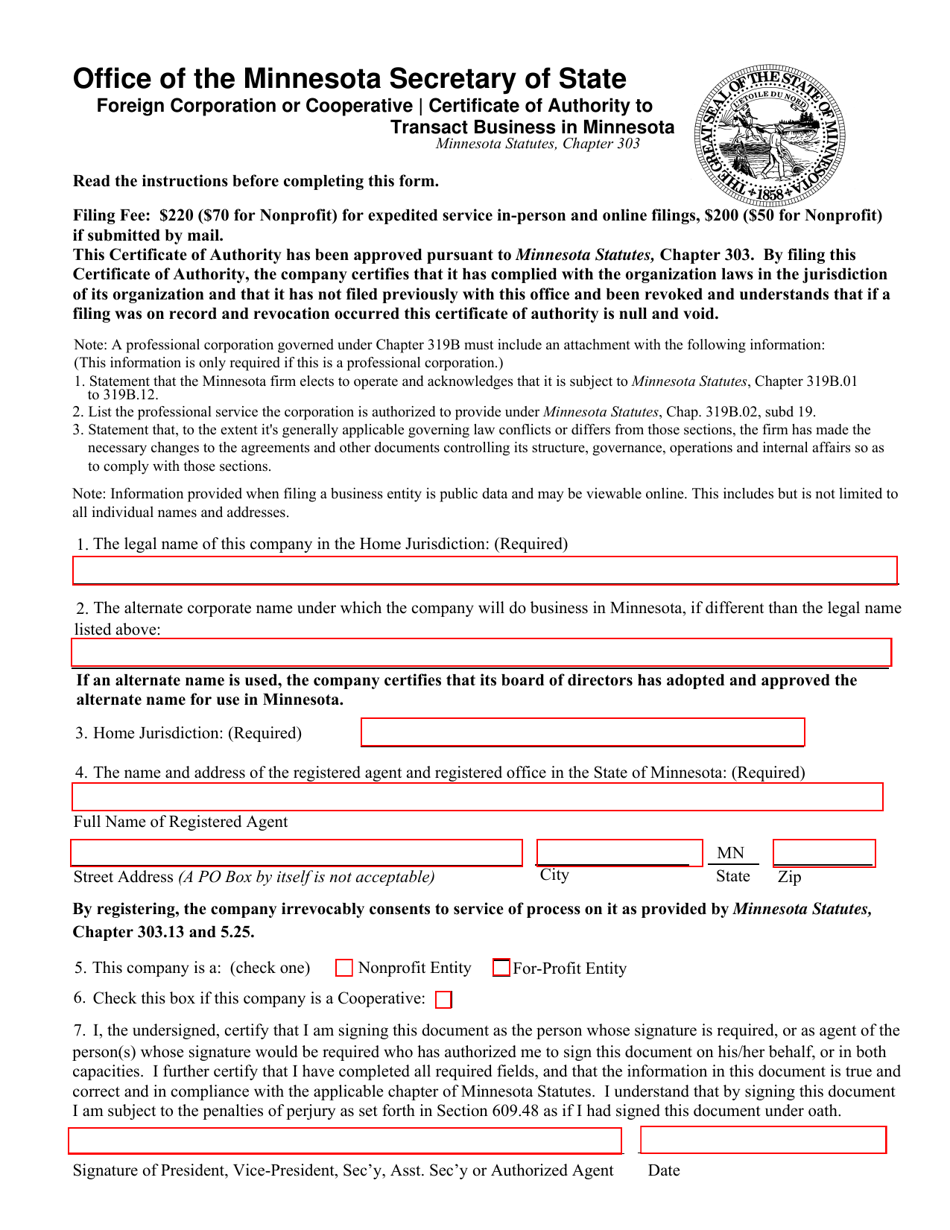 certificate of authority to transact business in minnesota
