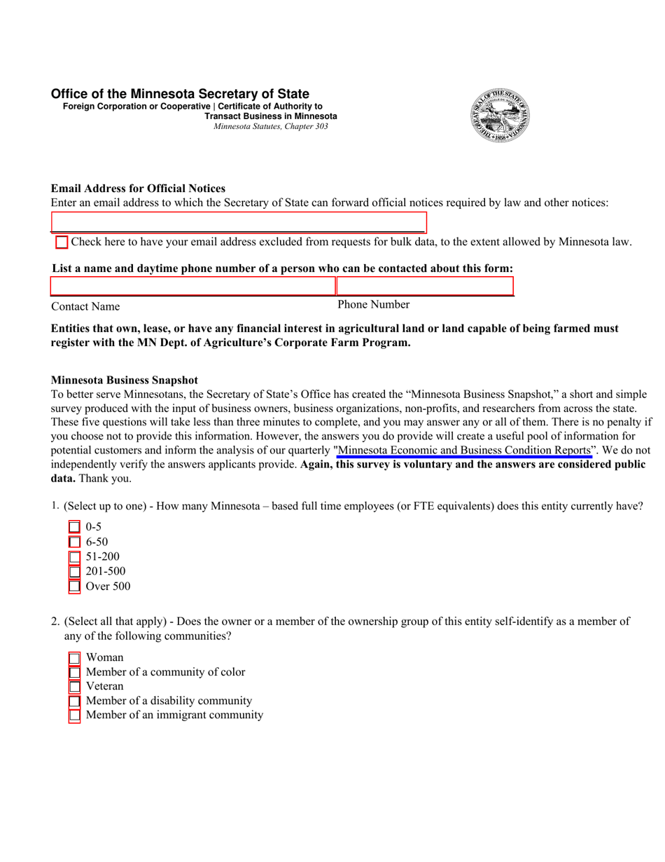 Foreign Corporation or Cooperative Certificate of Authority to Transact Business in Minnesota - Minnesota, Page 2