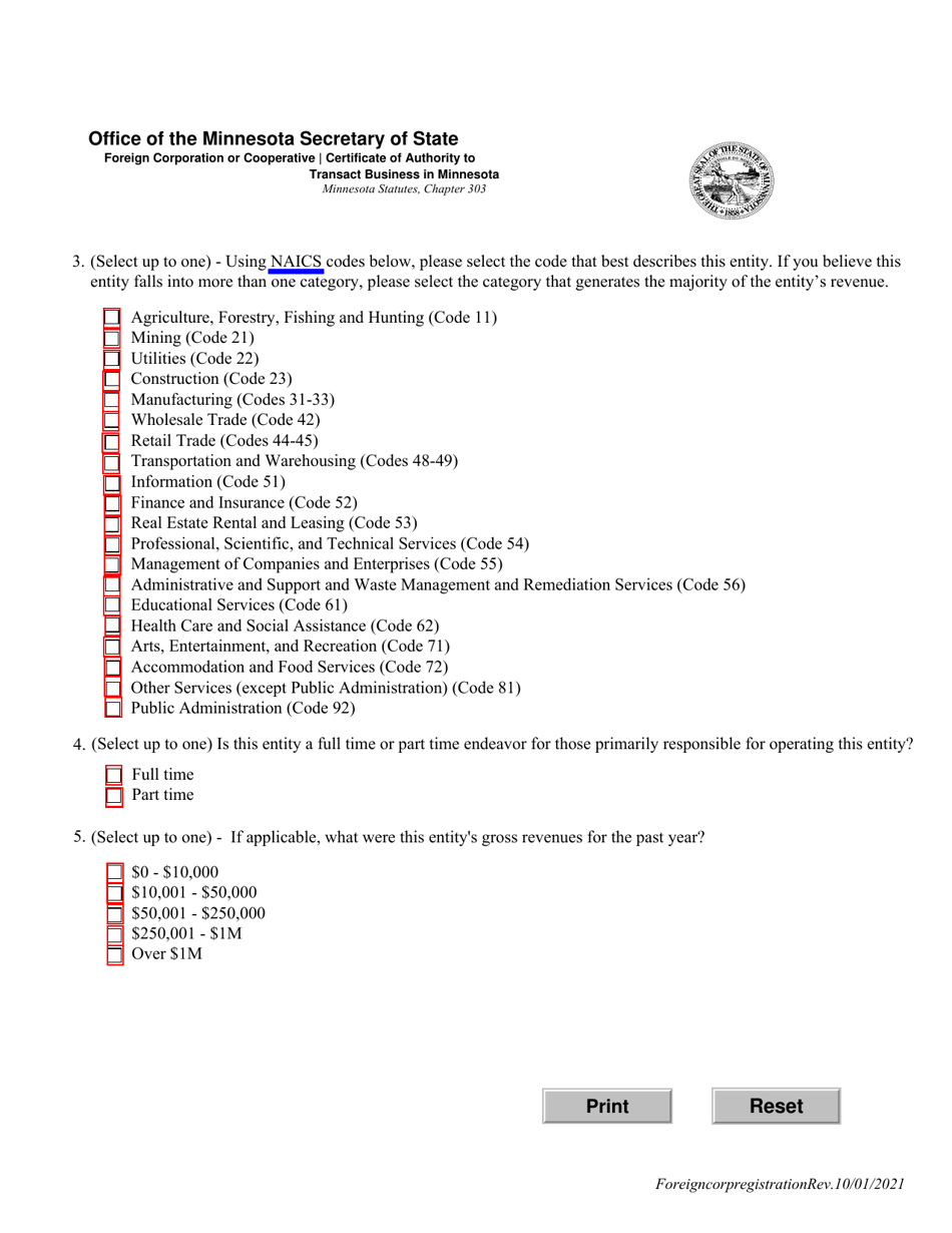 Foreign Corporation or Cooperative Certificate of Authority to Transact Business in Minnesota - Minnesota, Page 3