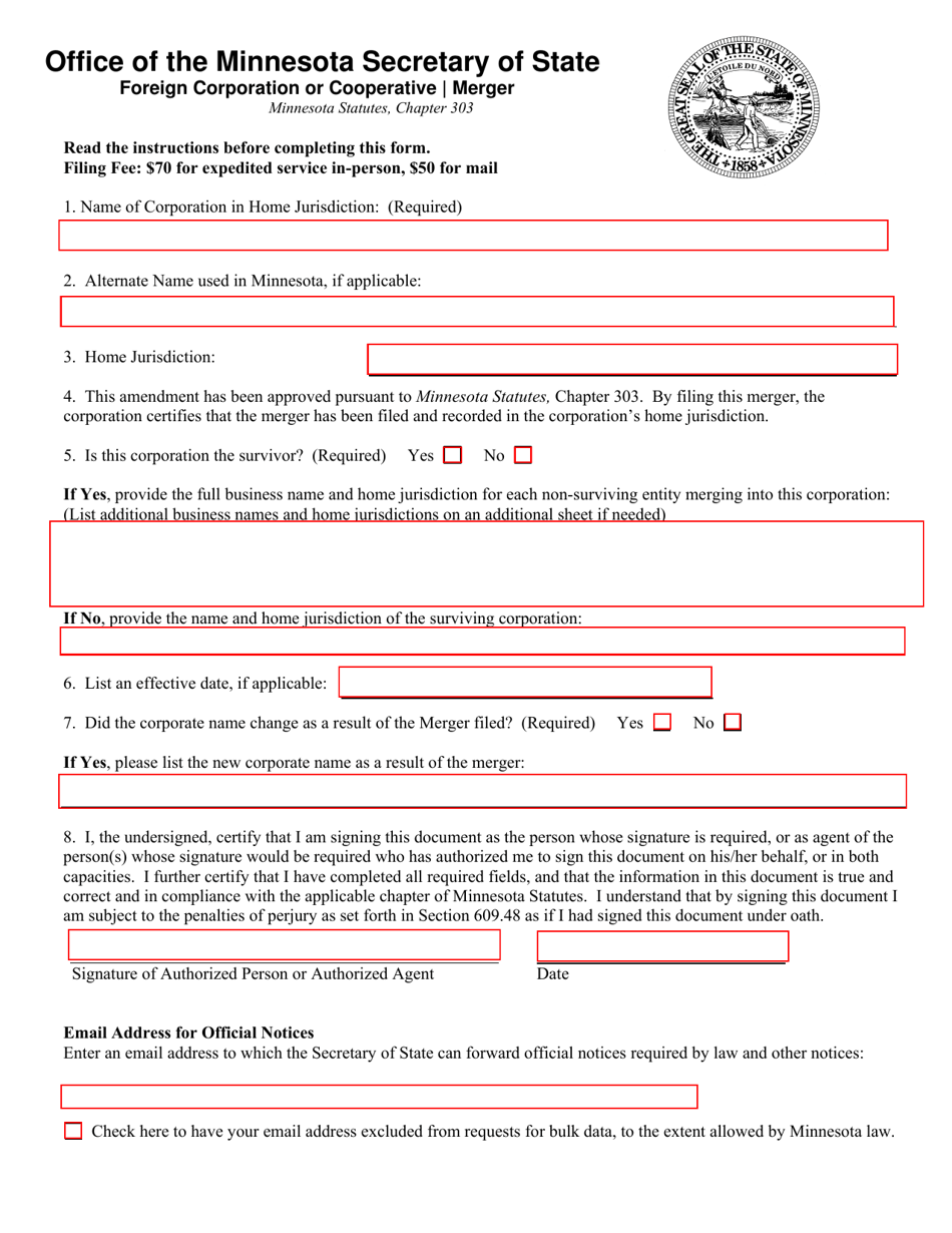 Foreign Corporation or Cooperative Merger Form - Minnesota, Page 1