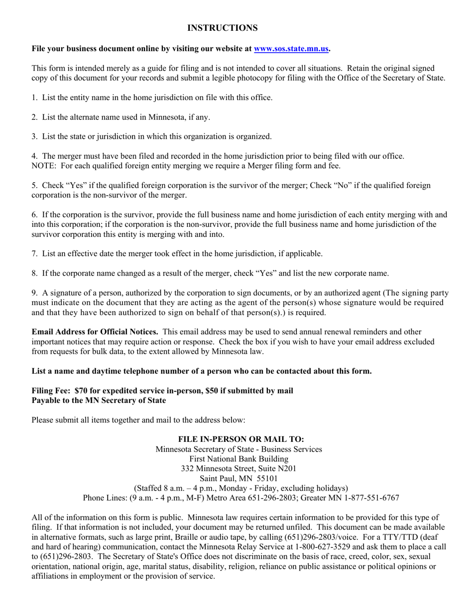 Foreign Corporation or Cooperative Merger Form - Minnesota, Page 3