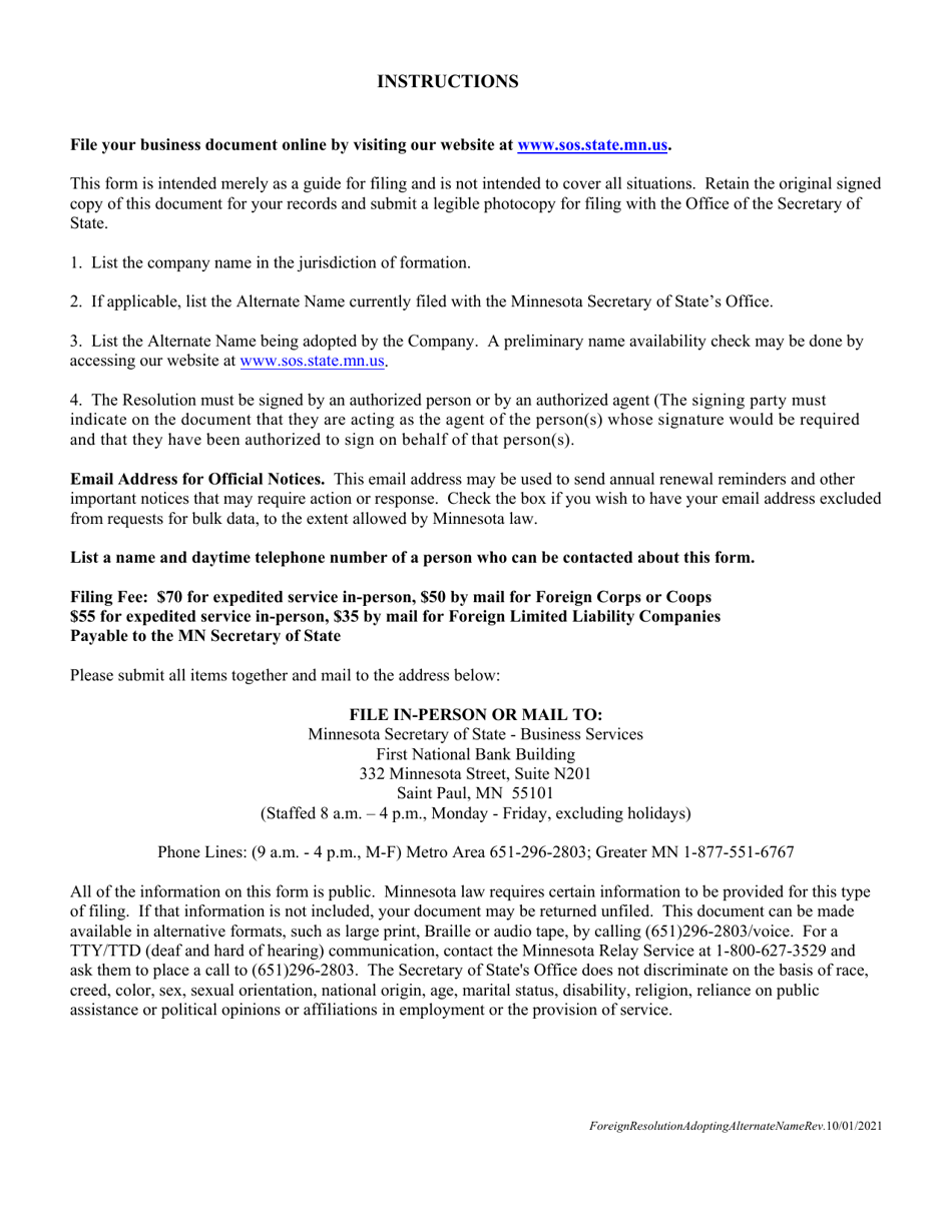 Foreign Corporation, Cooperative  Limited Liability Company Alternate Name - Minnesota, Page 2