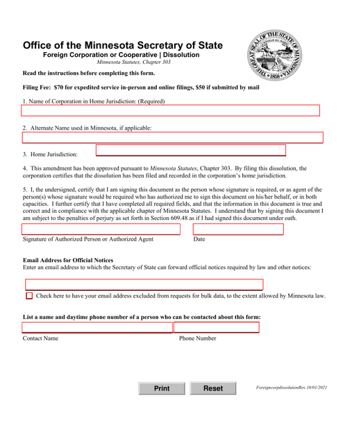 Foreign Corporation or Cooperative Dissolution - Minnesota Download Pdf