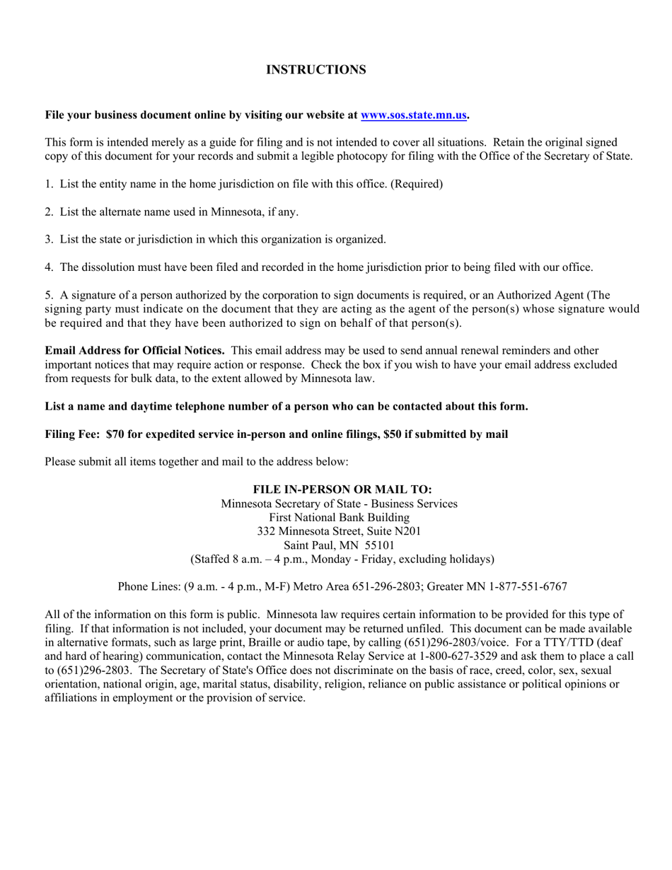 Foreign Corporation or Cooperative Dissolution - Minnesota, Page 2