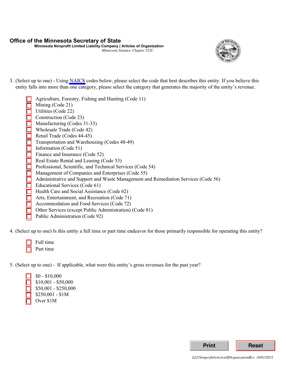 Minnesota Nonprofit Limited Liability Company Articles of Organization - Minnesota, Page 3