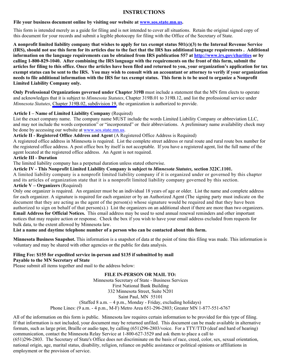 Minnesota Nonprofit Limited Liability Company Articles of Organization - Minnesota, Page 4