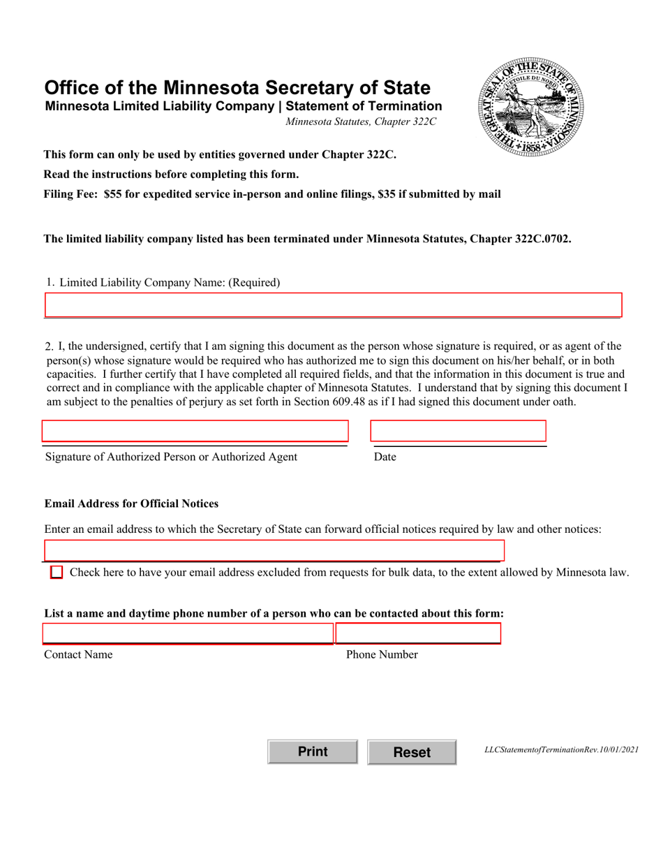 Minnesota Limited Liability Company Statement of Termination - Minnesota, Page 1