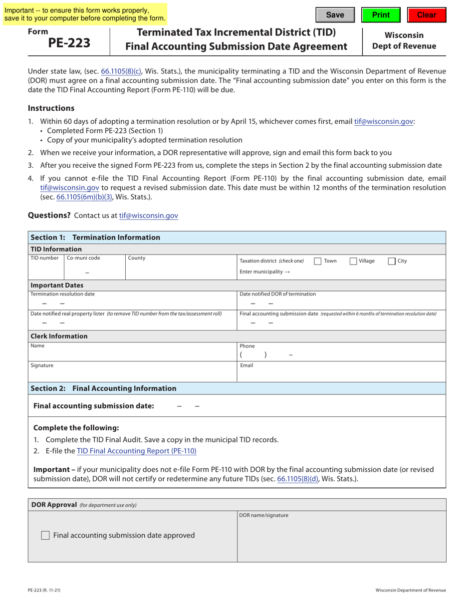 Form PE-223 Terminated Tax Incremental District (Tid) Final Accounting Submission Date Agreement - Wisconsin, Page 1