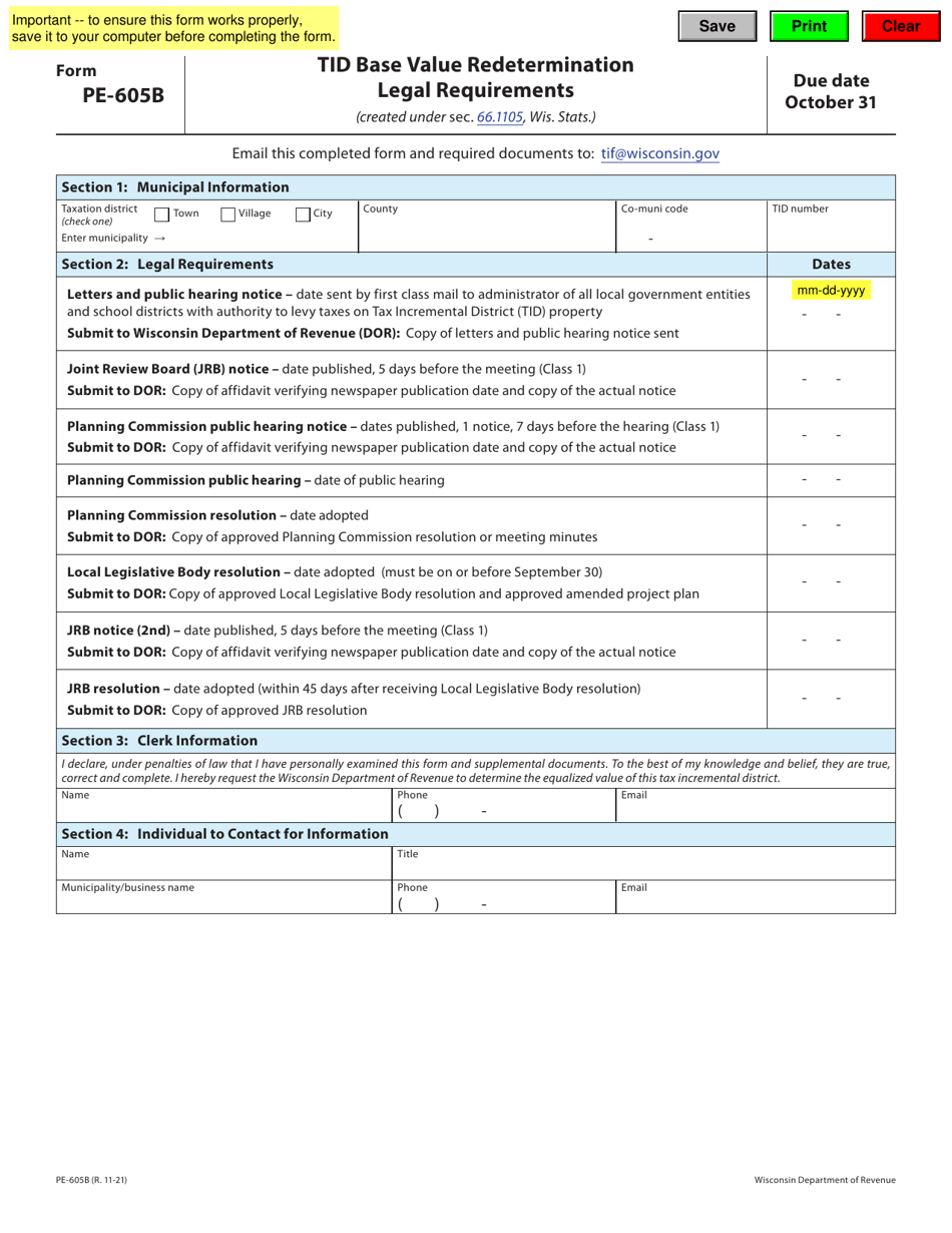 Form PE-605B Tid Base Value Redetermination - Legal Requirements - Wisconsin, Page 1