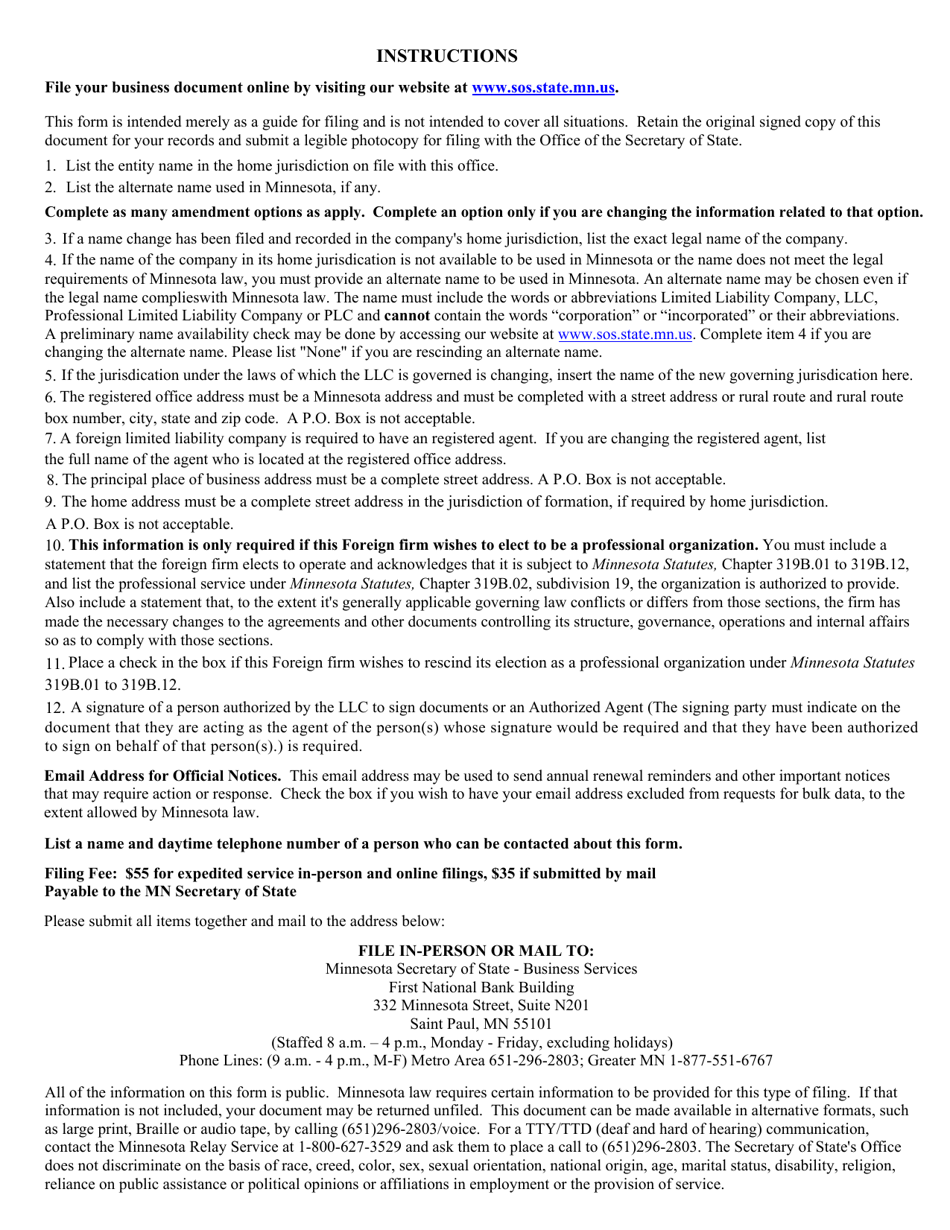 Foreign Limited Liability Company Amendment to Certificate of Authority - Minnesota, Page 3