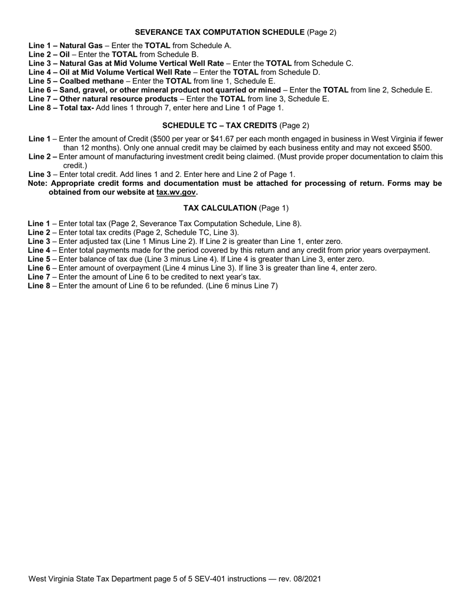 Instructions for Form SEV-401 West Virginia Severance Tax Annual Return - West Virginia, Page 5