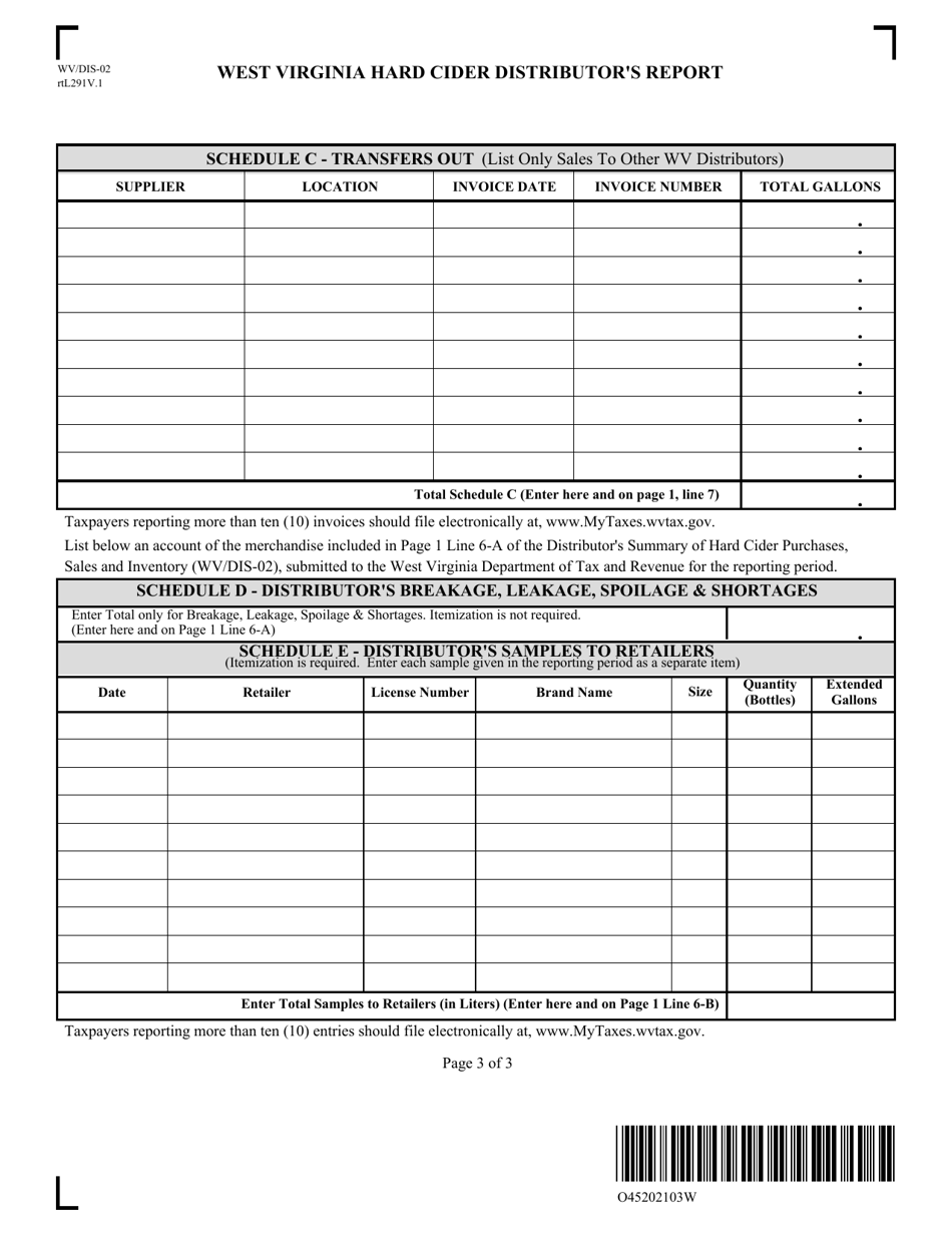 Form WV / DIS-02 West Virginia Hard Cider Distributors Report - West Virginia, Page 3