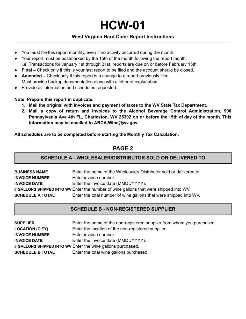 Instructions for Form HCW-01 West Virginia Hard Cider Report - West Virginia, Page 1