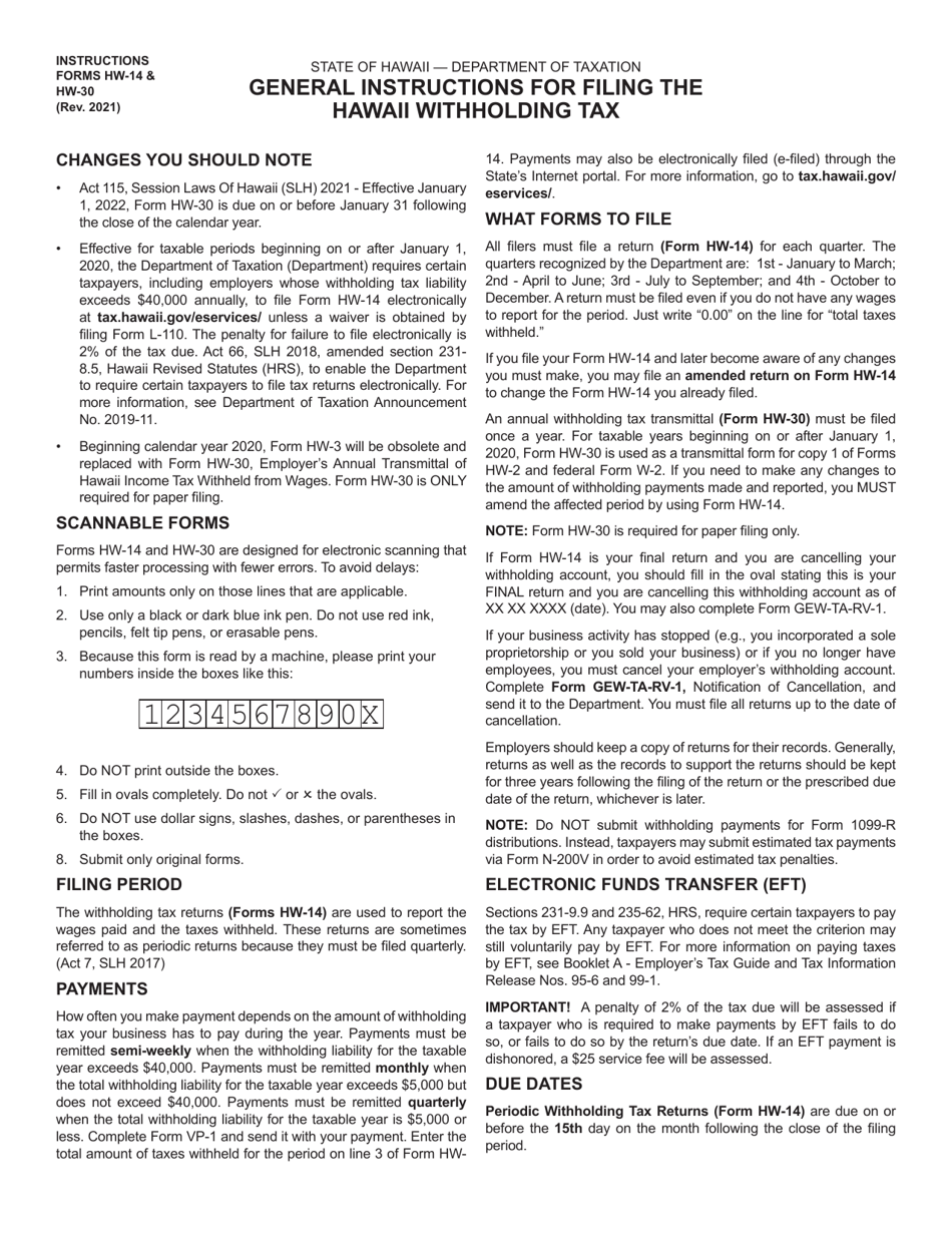 Instructions for Form HW-14, HW-30 - Hawaii, Page 1