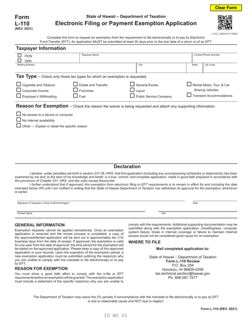 Form L-110 Electronic Filing or Payment Exemption Application - Hawaii