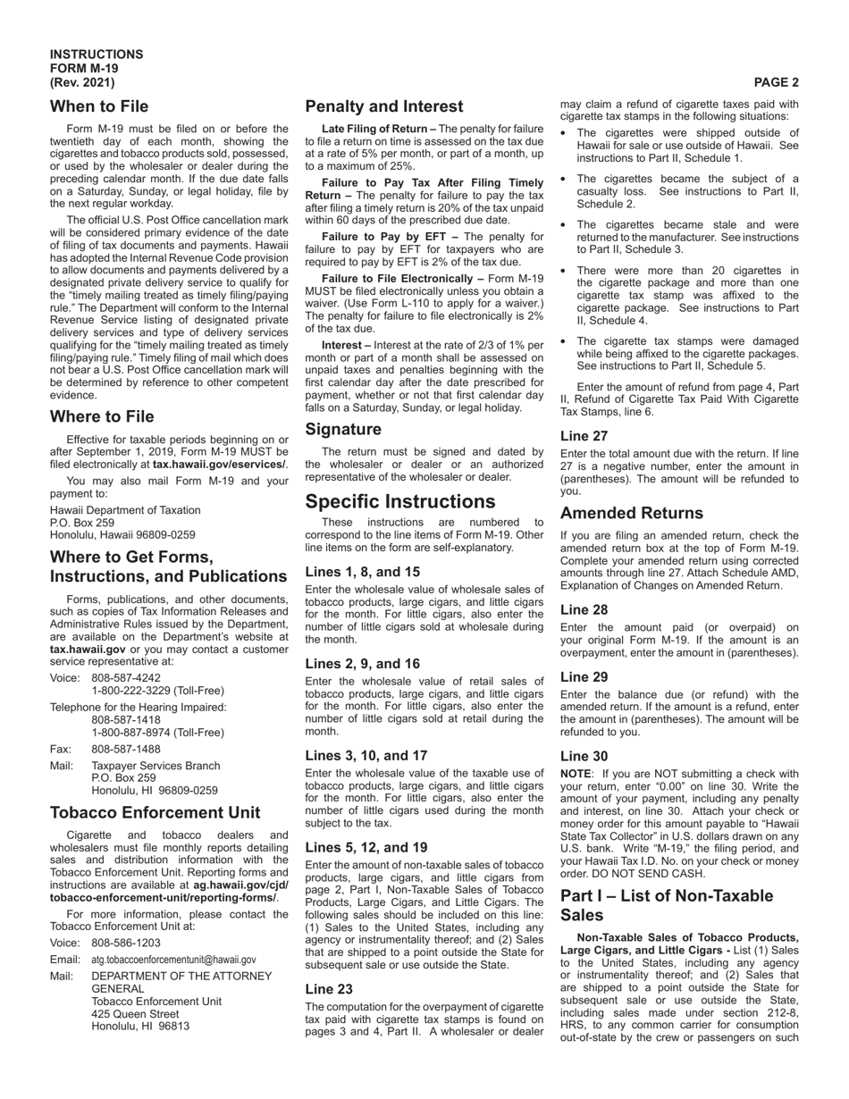 Instructions for Form M-19 Cigarette and Tobacco Products Monthly Tax Return - Hawaii, Page 2