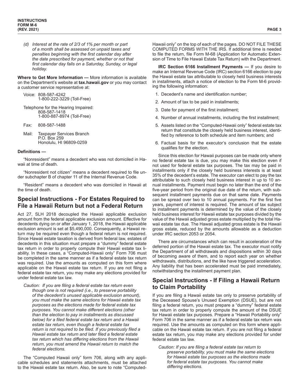 Instructions for Form M-6 Hawaii Estate Tax Return - Hawaii, Page 3