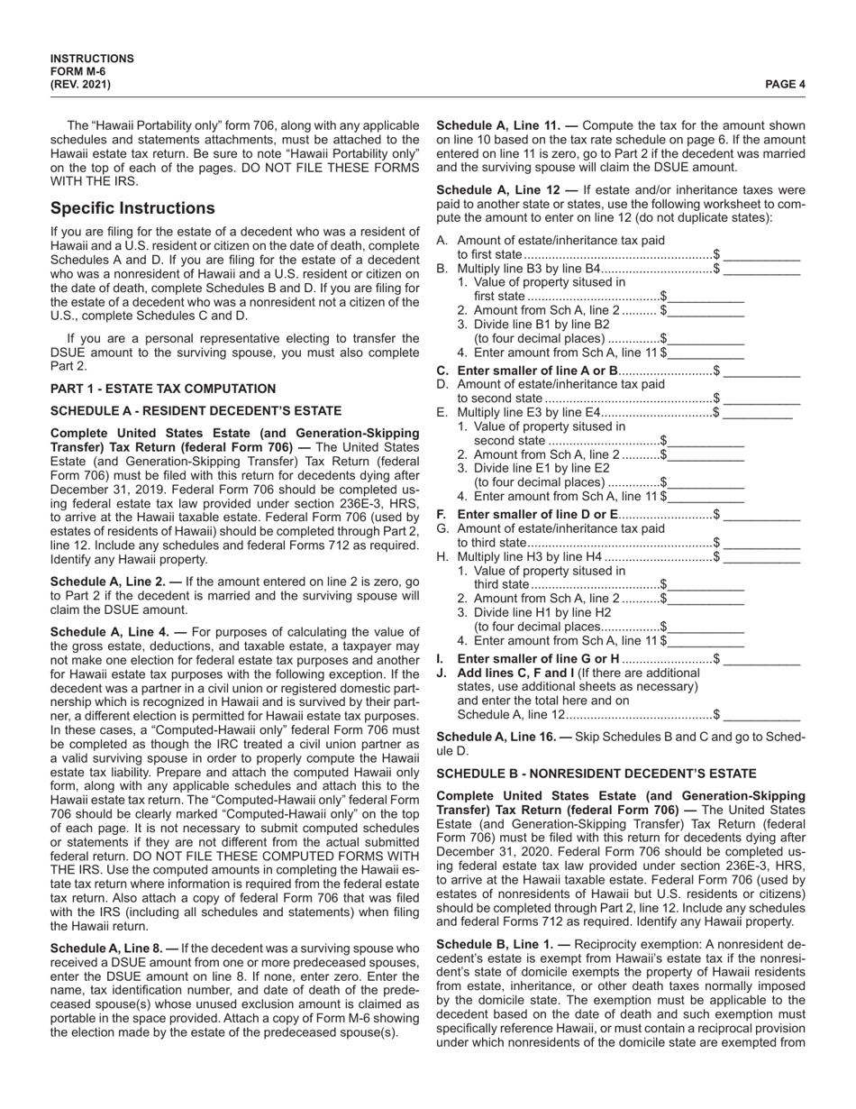 Instructions for Form M-6 Hawaii Estate Tax Return - Hawaii, Page 4