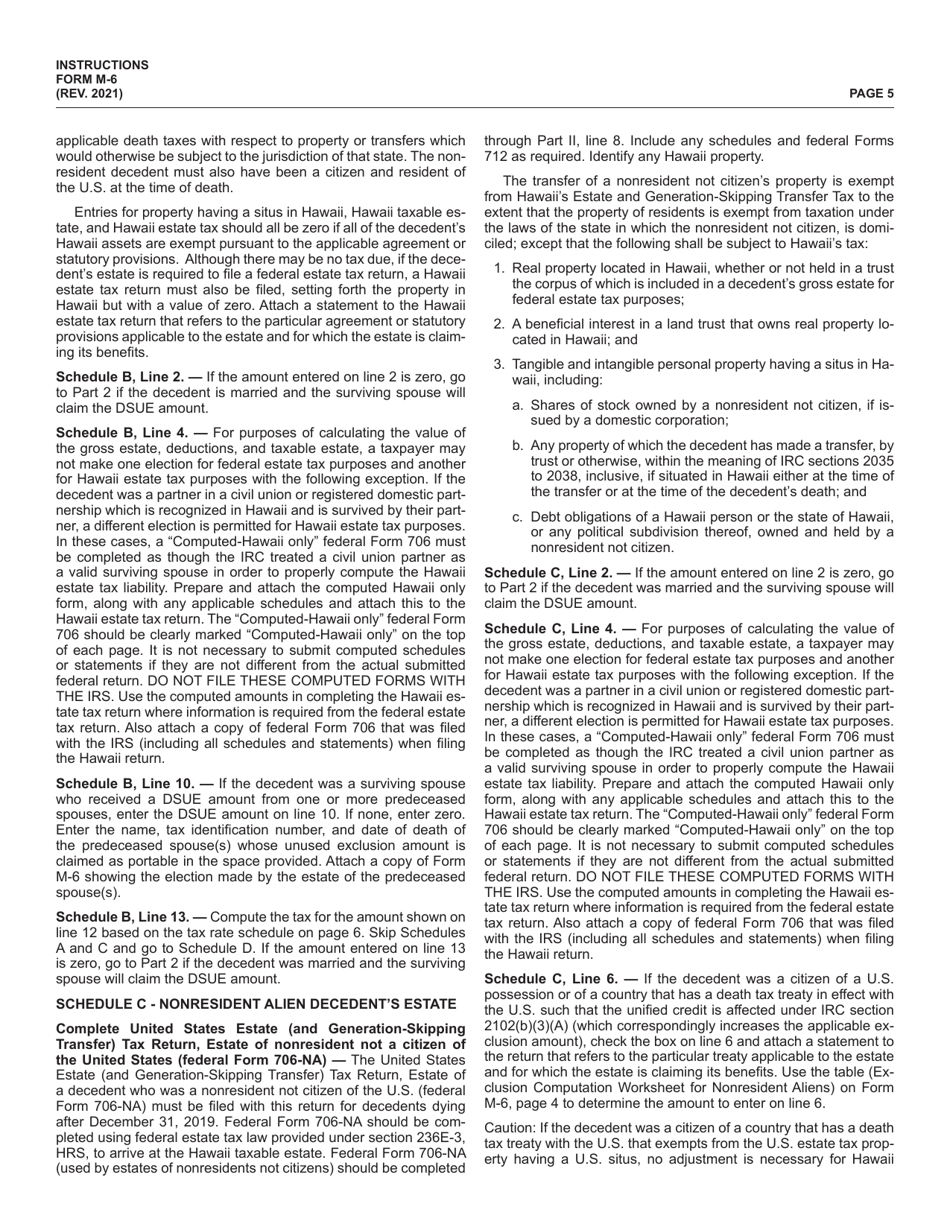 Instructions for Form M-6 Hawaii Estate Tax Return - Hawaii, Page 5