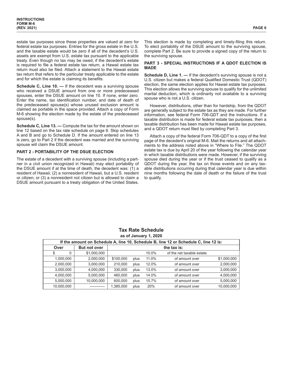 Instructions for Form M-6 Hawaii Estate Tax Return - Hawaii, Page 6