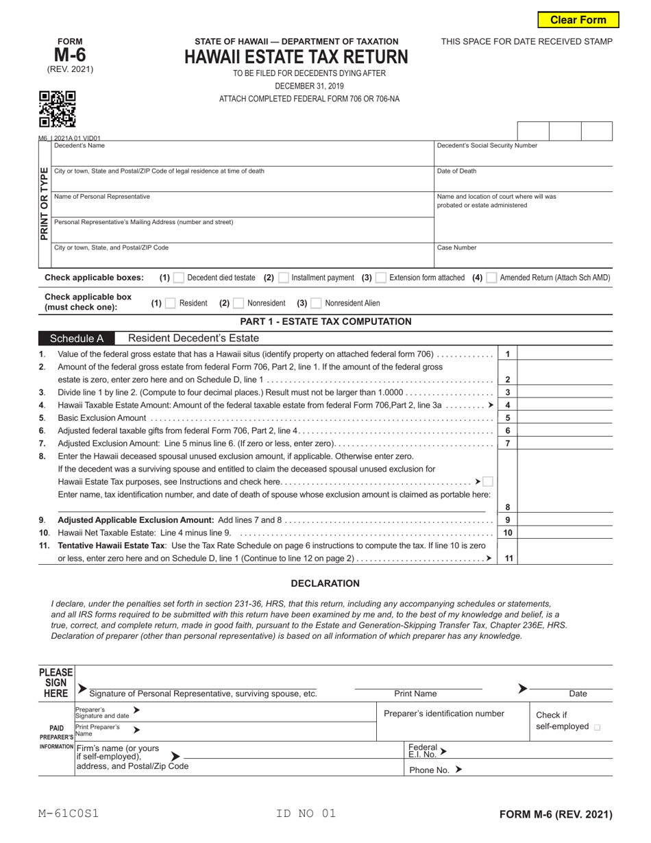 Form M6 Download Fillable PDF or Fill Online Hawaii Estate Tax Return