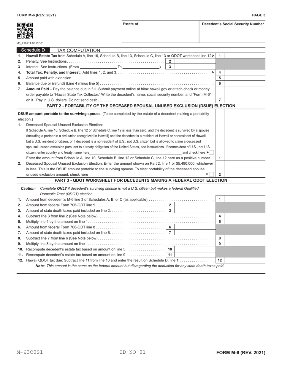 Form M-6 Hawaii Estate Tax Return - Hawaii, Page 3