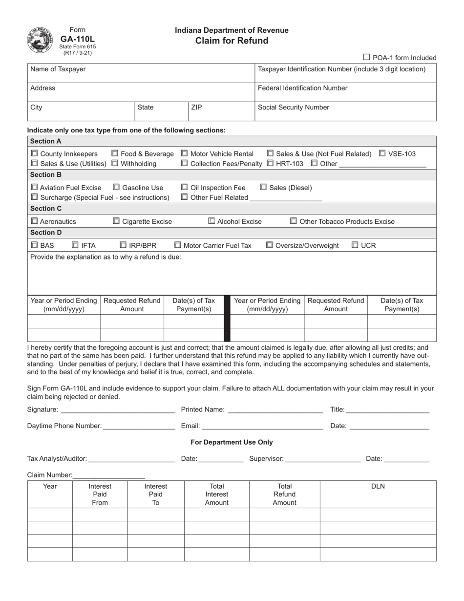 Form GA-110L (State Form 615) Claim for Refund - Indiana, Page 1