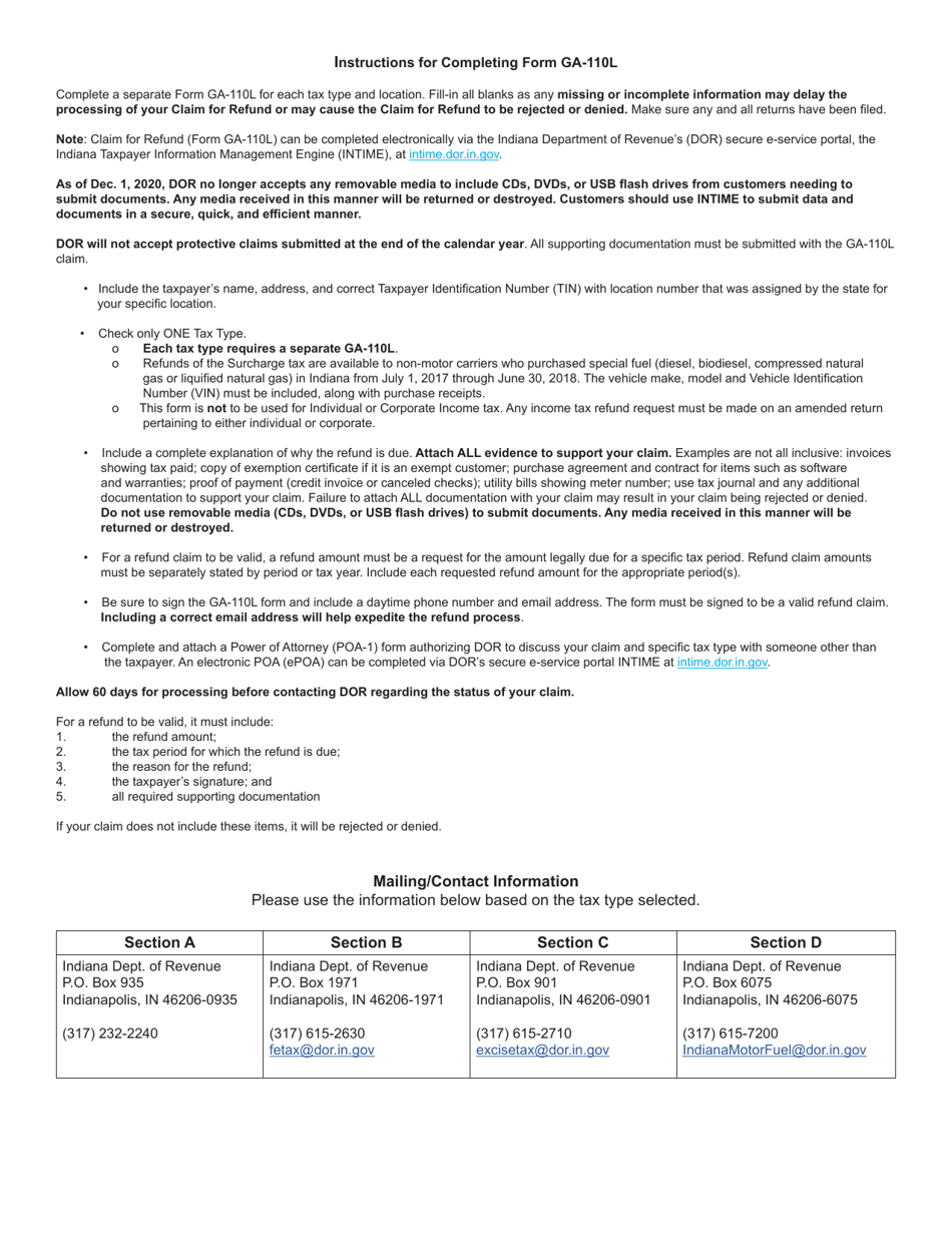 Form GA-110L (State Form 615) Claim for Refund - Indiana, Page 2