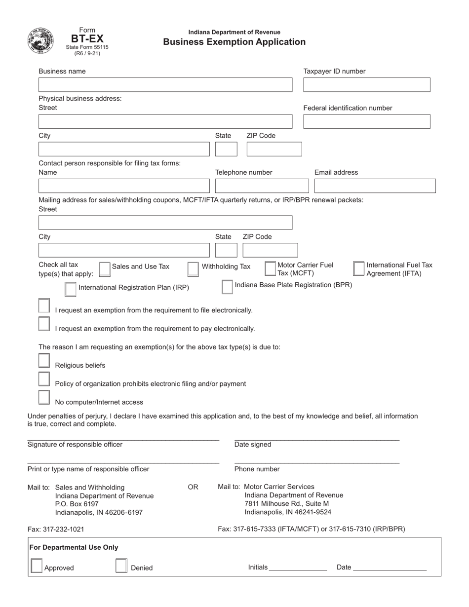 Form BT-EX (State Form 55115) Business Exemption Application - Indiana, Page 1
