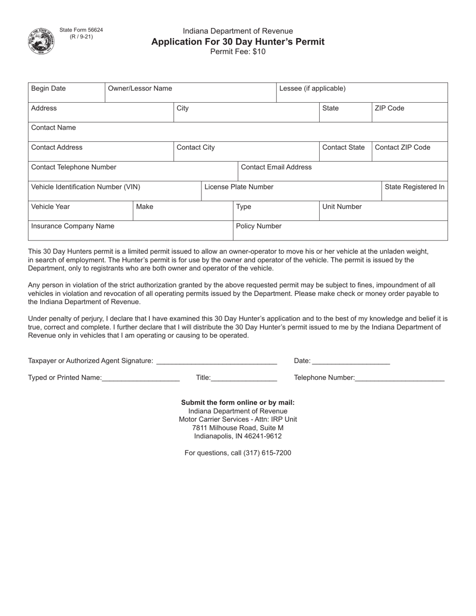 State Form 56624 Application for 30 Day Hunters Permit - Indiana, Page 1