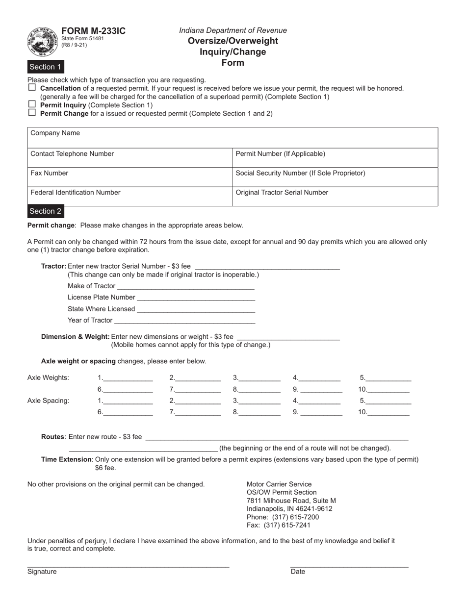 Form M-233IC (State Form 51481) Oversize / Overweight Inquiry / Change Form - Indiana, Page 1