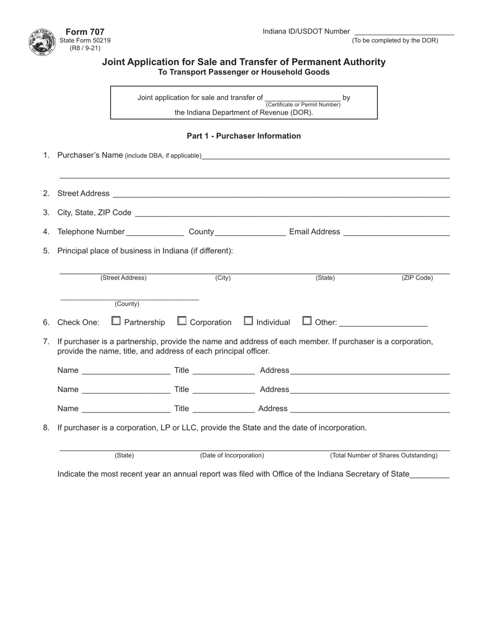 Form 707 (State Form 50219) Joint Application for Sale and Transfer of Permanent to Transport Passenger or Household Goods - Indiana, Page 1