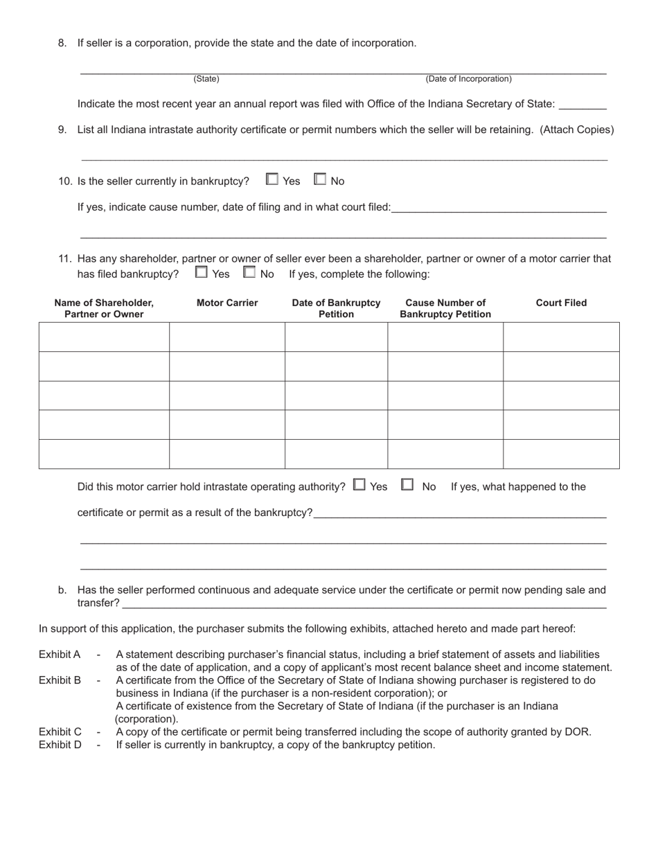 Form 707 (State Form 50219) Joint Application for Sale and Transfer of Permanent to Transport Passenger or Household Goods - Indiana, Page 3