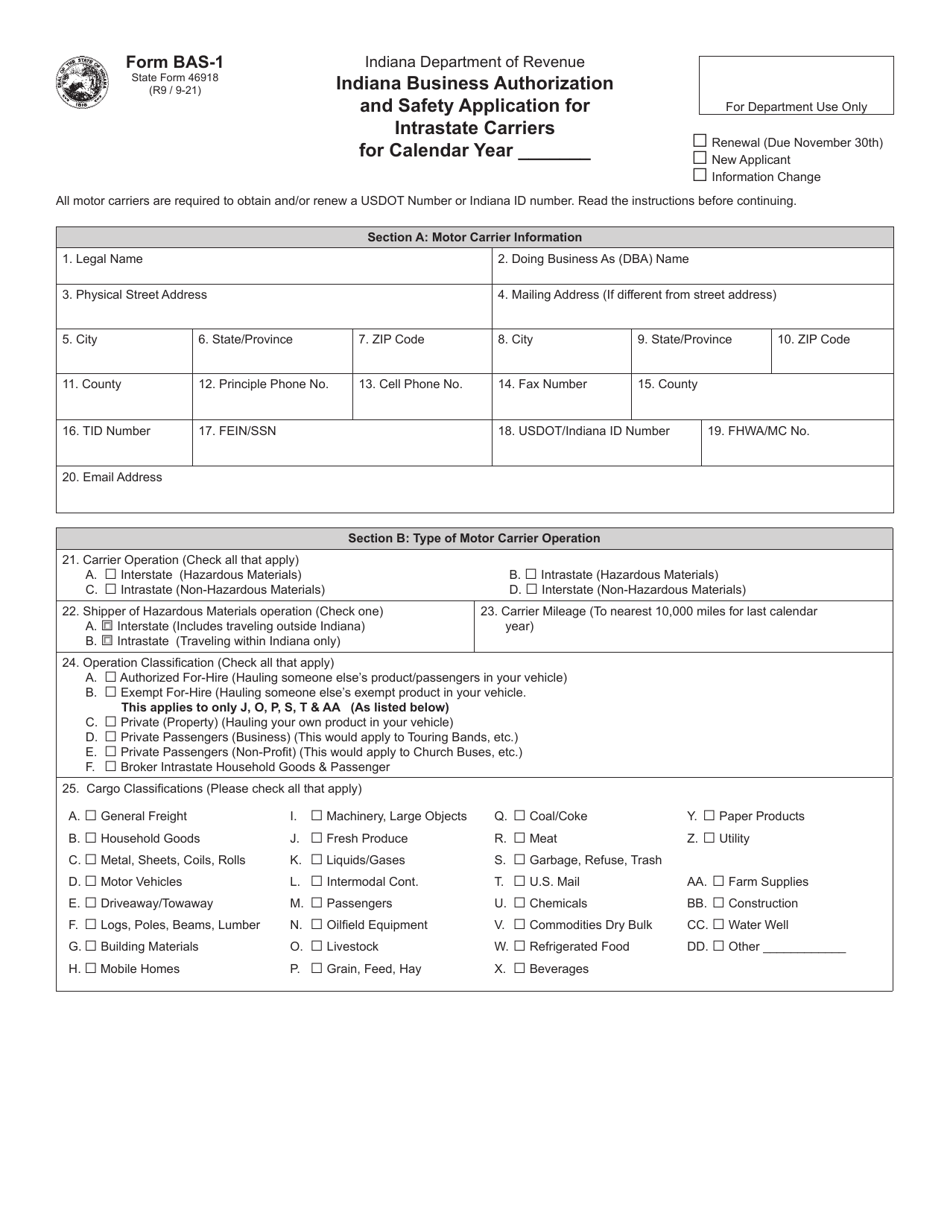 Form BAS-1 (State Form 46918) Indiana Business Authorization and Safety Application for Intrastate Carriers - Indiana, Page 1