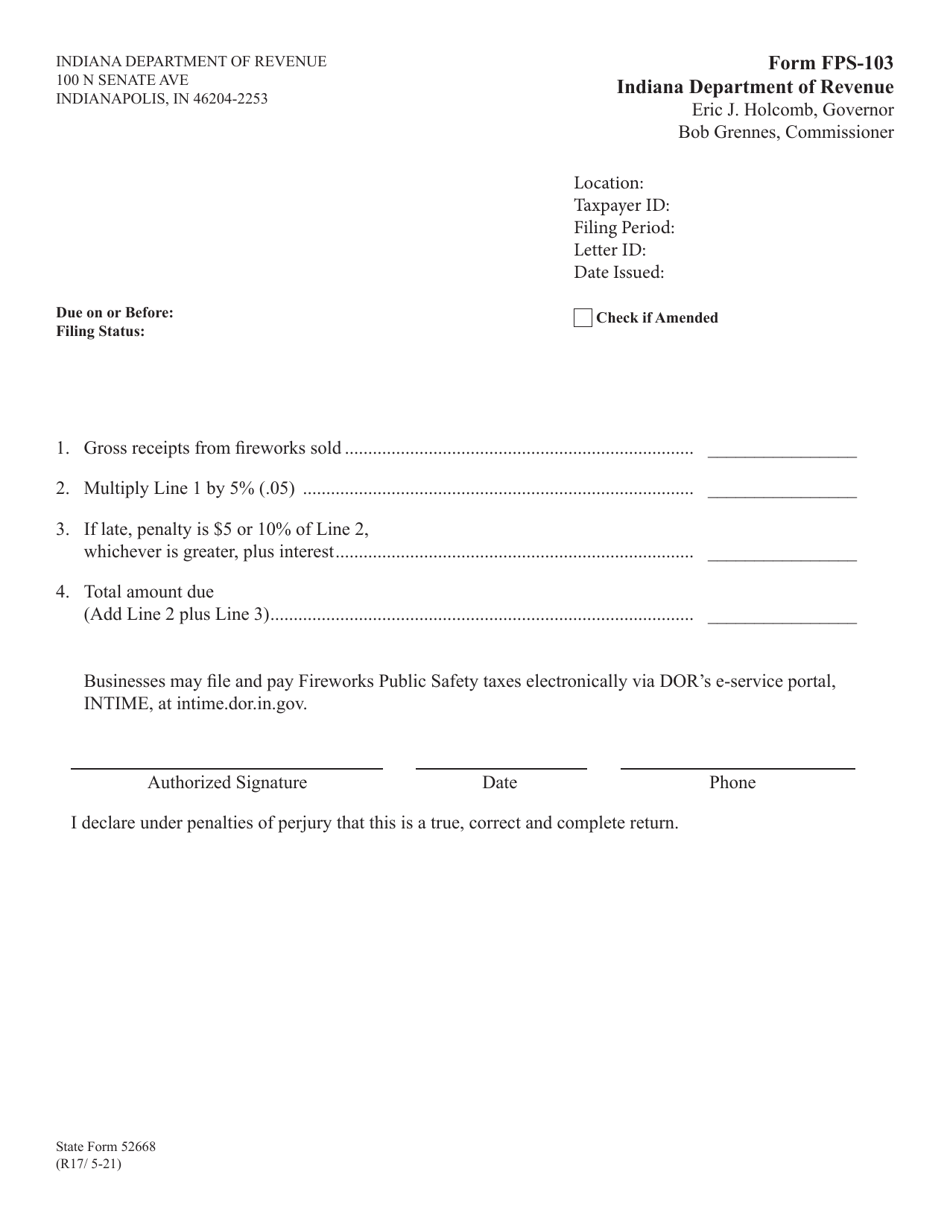 Form FPS-103 (State Form 52668) Fireworks Public Safety Fee Form - Indiana, Page 1