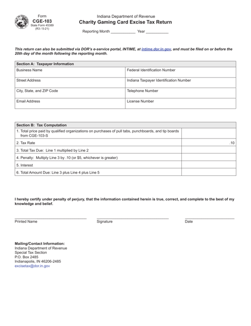 Form CGE-103 (State Form 45389) Charity Gaming Card Excise Tax Return - Indiana