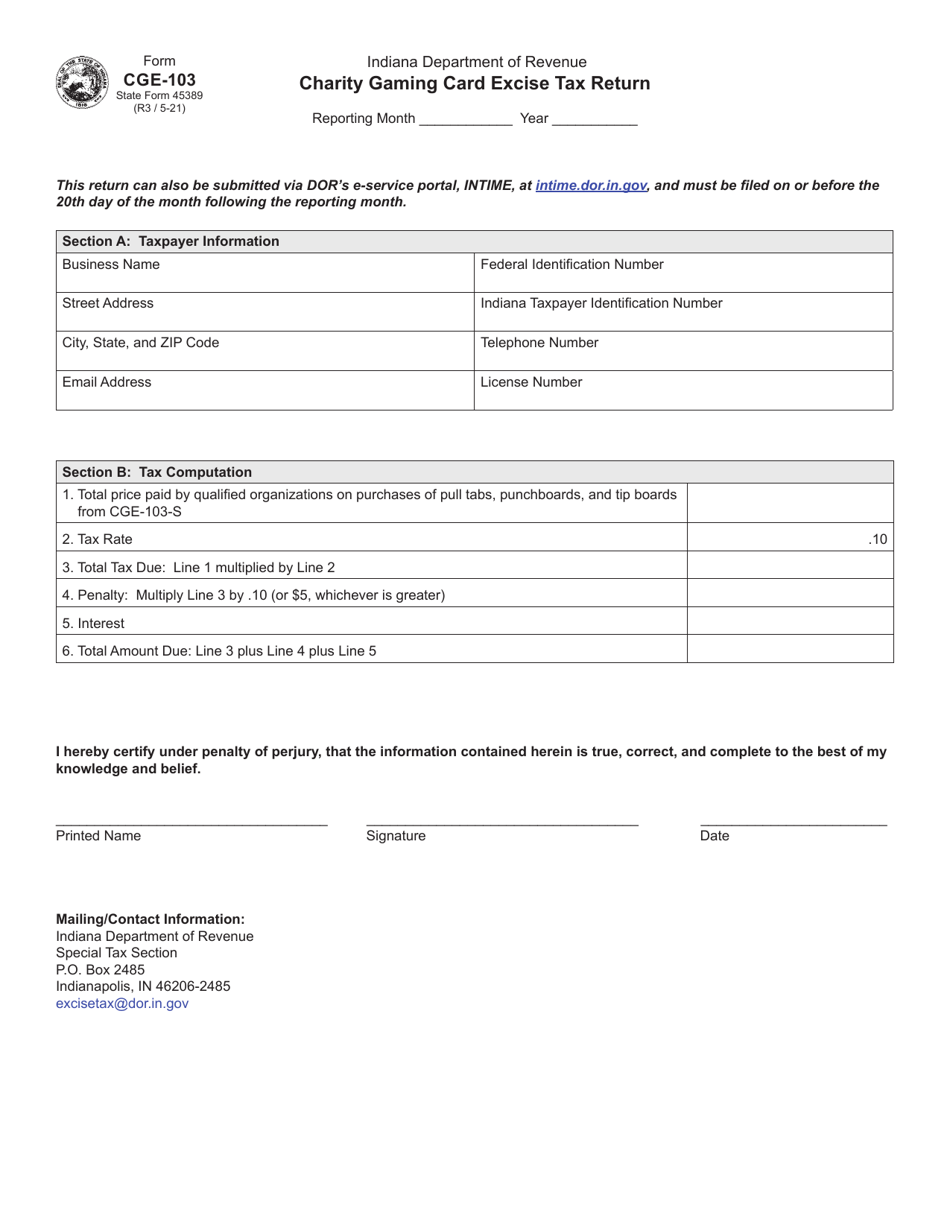 Form CGE-103 (State Form 45389) Charity Gaming Card Excise Tax Return - Indiana, Page 1