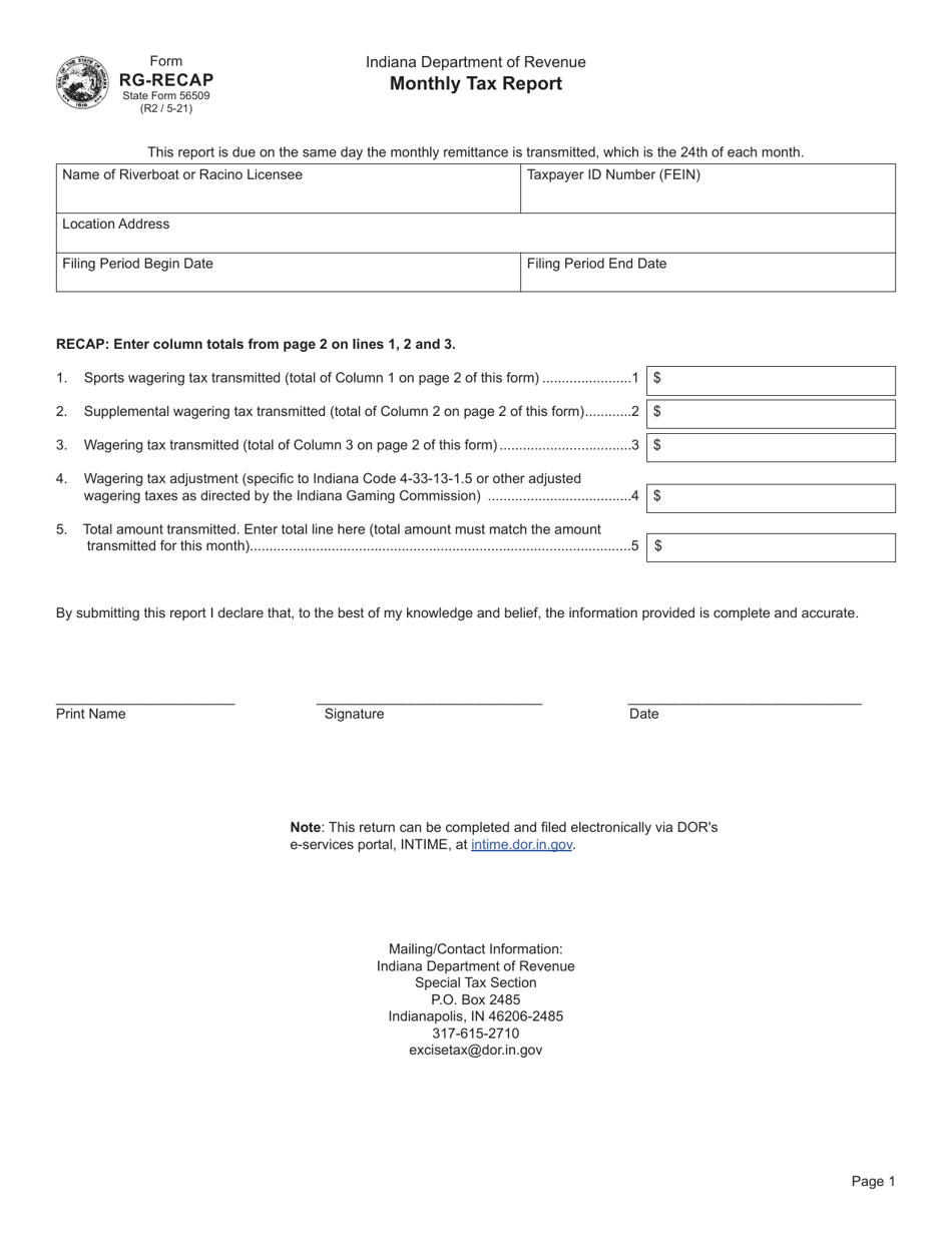 Form RG-RECAP (State Form 56509) Wagering Monthly Tax Report and Itemized Daily Recap - Indiana, Page 1