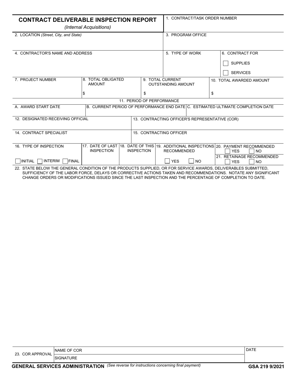 GSA Form 219 Contract Deliverable Inspection Report (Internal Acquisitions), Page 1