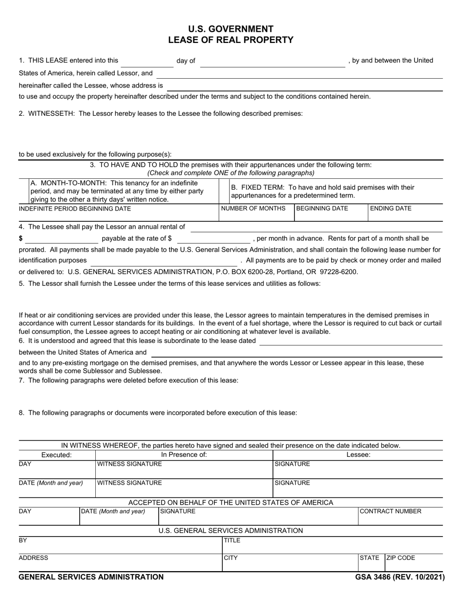 GSA Form 3486 U.S. Government Lease of Real Property, Page 1