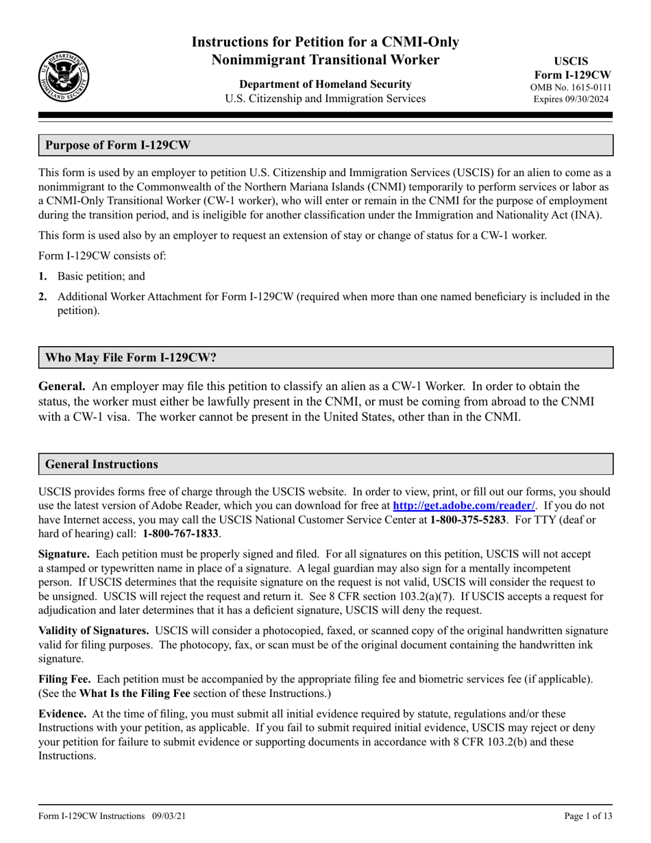 Download Instructions for USCIS Form I-129CW Petition for a CNMI-Only ...