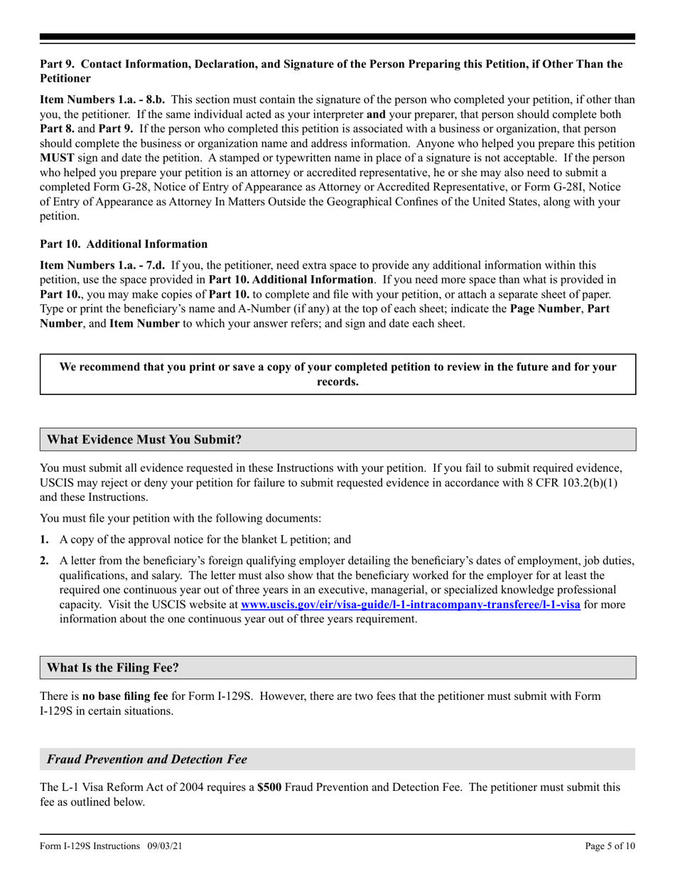 Instructions for USCIS Form I-129S Nonimmigrant Petition Based on Blanket L Petition, Page 5