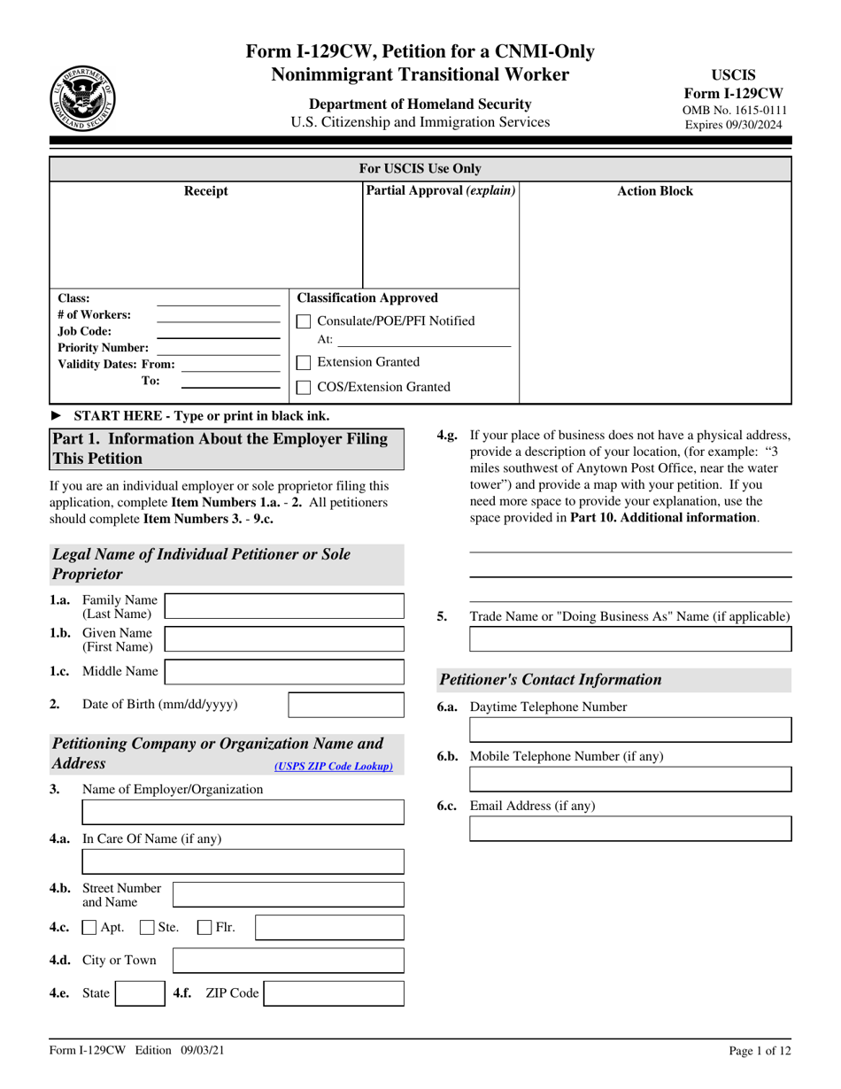 USCIS Form I-129CW Petition for a CNMI-Only Nonimmigrant Transitional Worker, Page 1