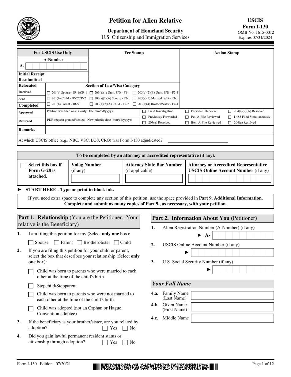 USCIS Form I-130 Petition for Alien Relative, Page 1